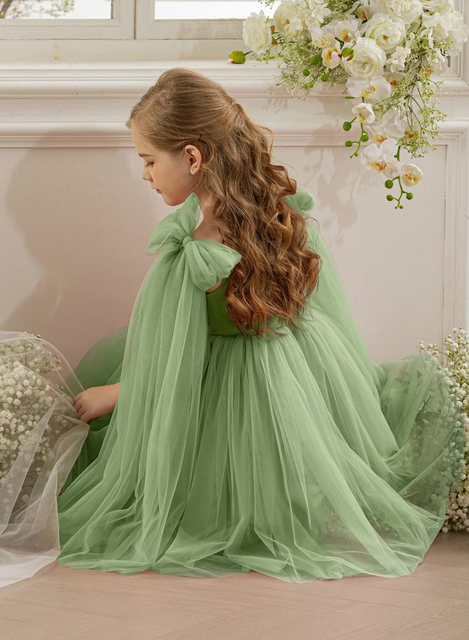 Take Two Girls Bow Sleeveless Cape Detail Mesh Dress - Image 5